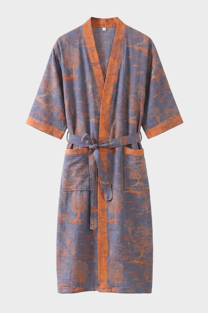 Kimono Damen Bademantel mit Gürtel und Muster knielang