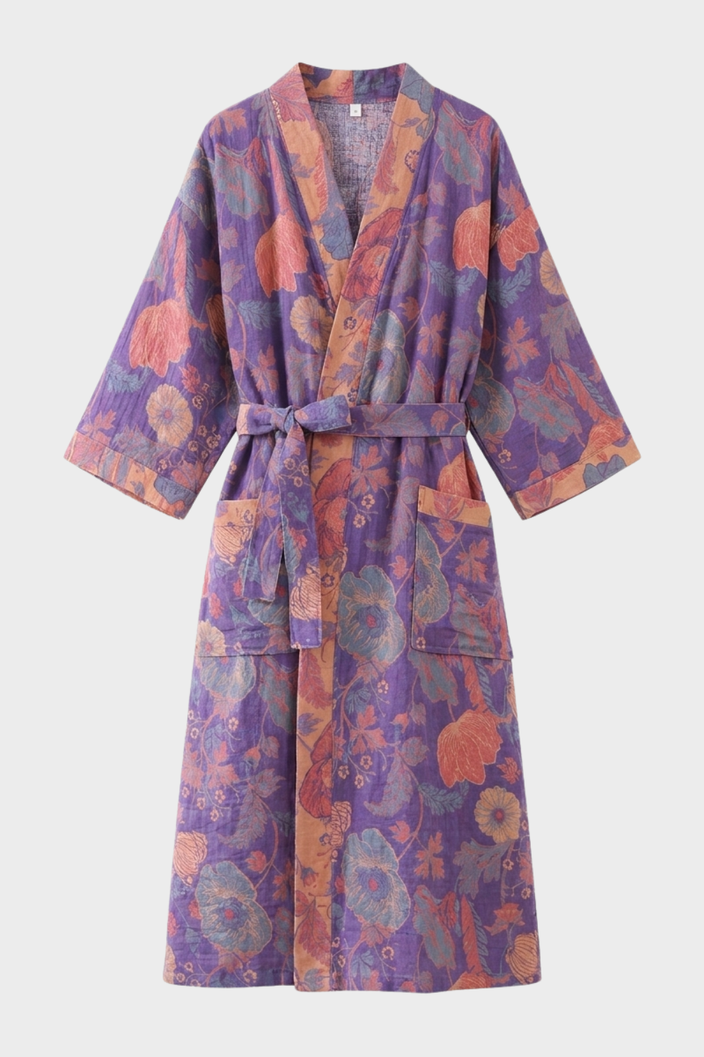 Kimono Damen Bademantel mit Gürtel und Muster knielang