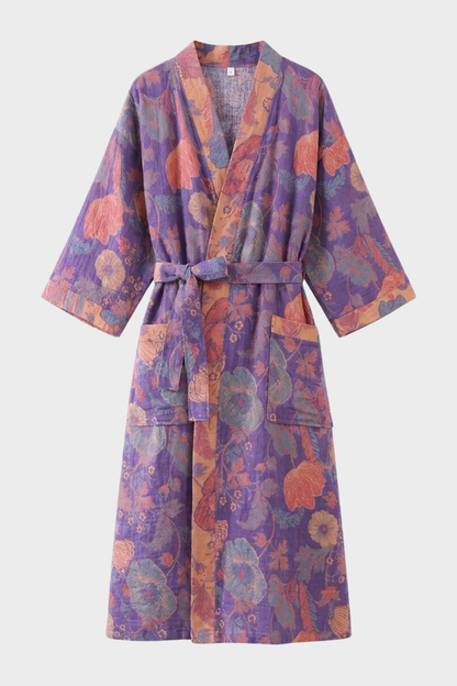 Kimono Damen Bademantel mit Gürtel und Muster knielang