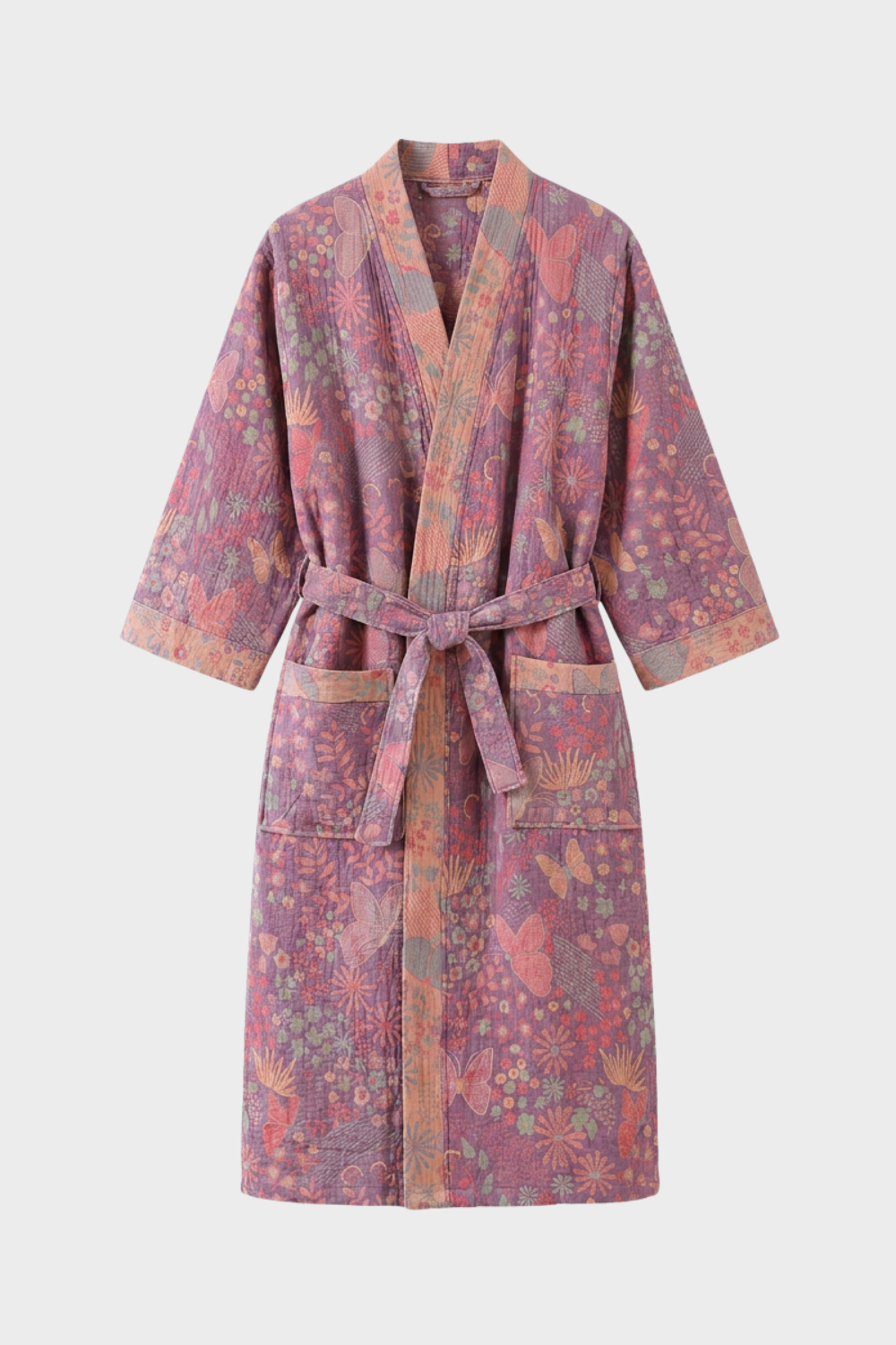 Kimono Damen Bademantel mit Gürtel und Muster knielang