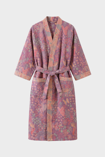 Kimono Damen Bademantel mit Gürtel und Muster knielang