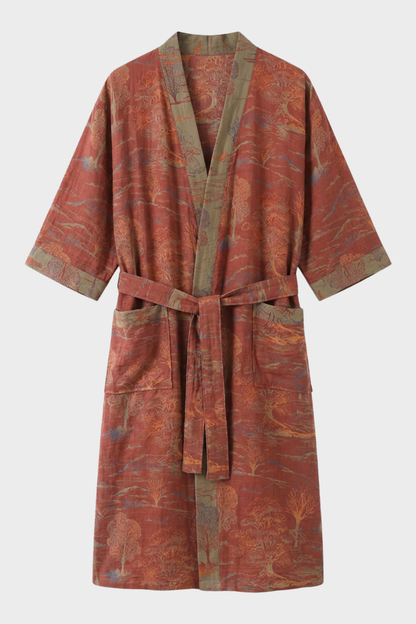 Kimono Damen Bademantel mit Gürtel und Muster knielang