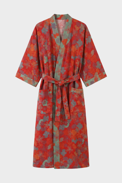 Kimono Damen Bademantel mit Gürtel und Muster knielang