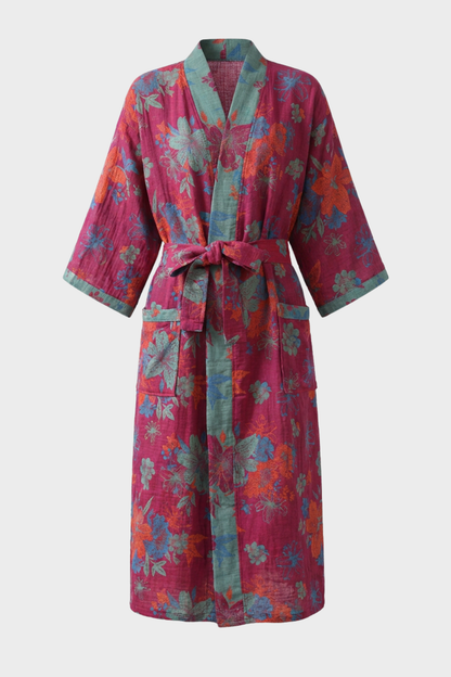 Kimono Damen Bademantel mit Gürtel und Muster knielang