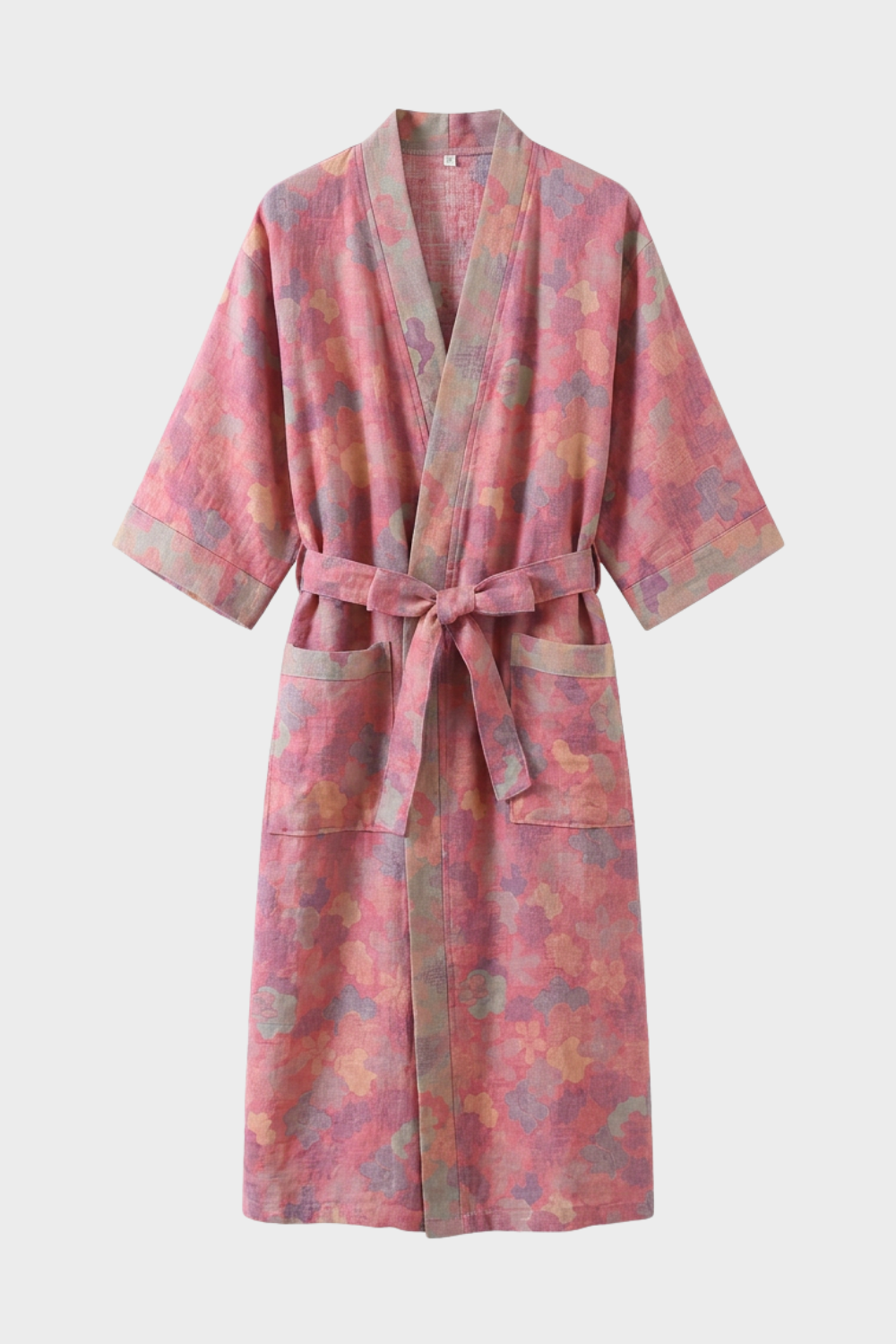 Kimono Damen Bademantel mit Gürtel und Muster knielang
