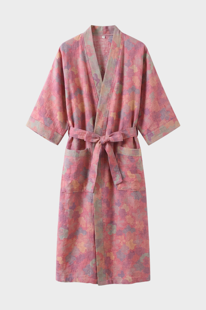 Kimono Damen Bademantel mit Gürtel und Muster knielang
