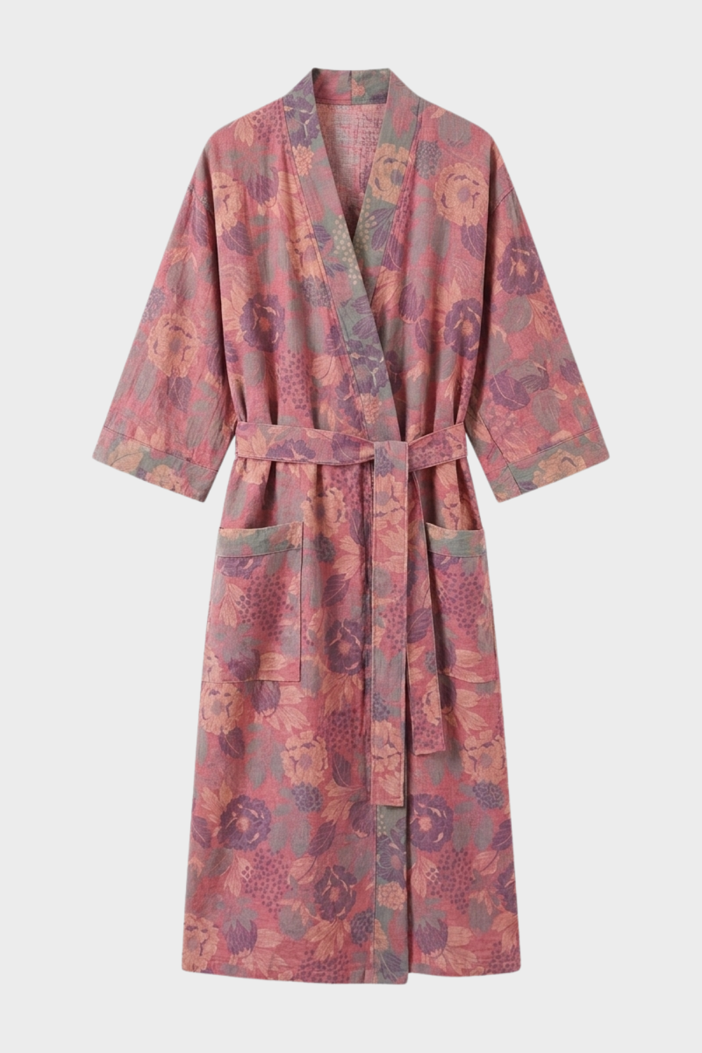 Kimono Damen Bademantel mit Gürtel und Muster knielang