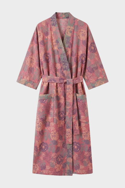 Kimono Damen Bademantel mit Gürtel und Muster knielang