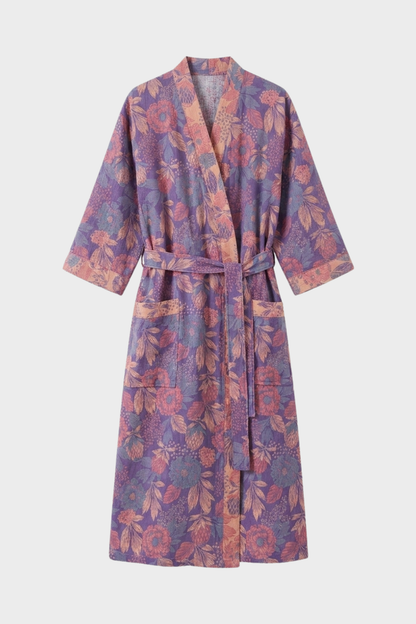Kimono Damen Bademantel mit Gürtel und Muster knielang
