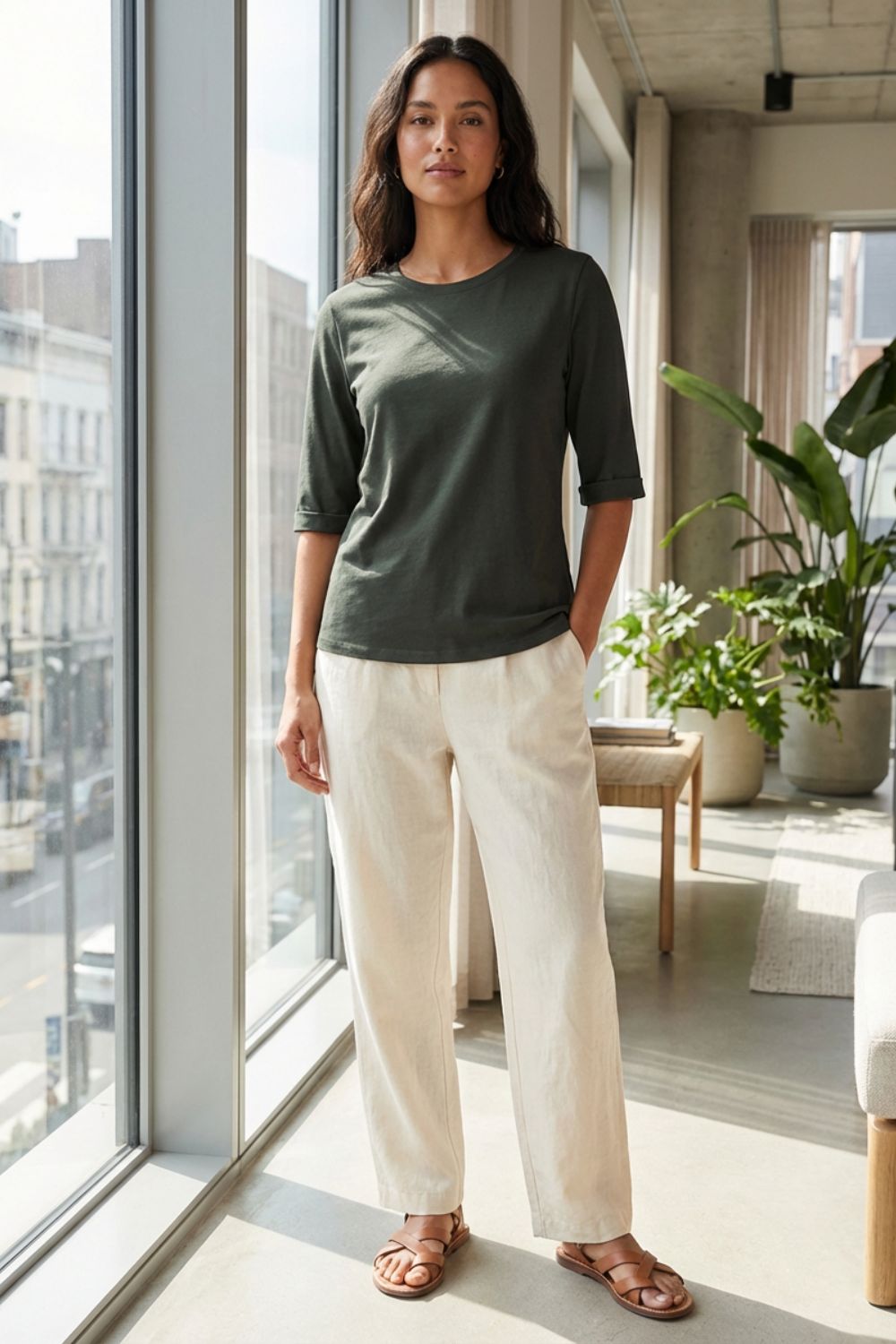 Damen Basic T-Shirt | Rundhals – Tragestil-Beispiel