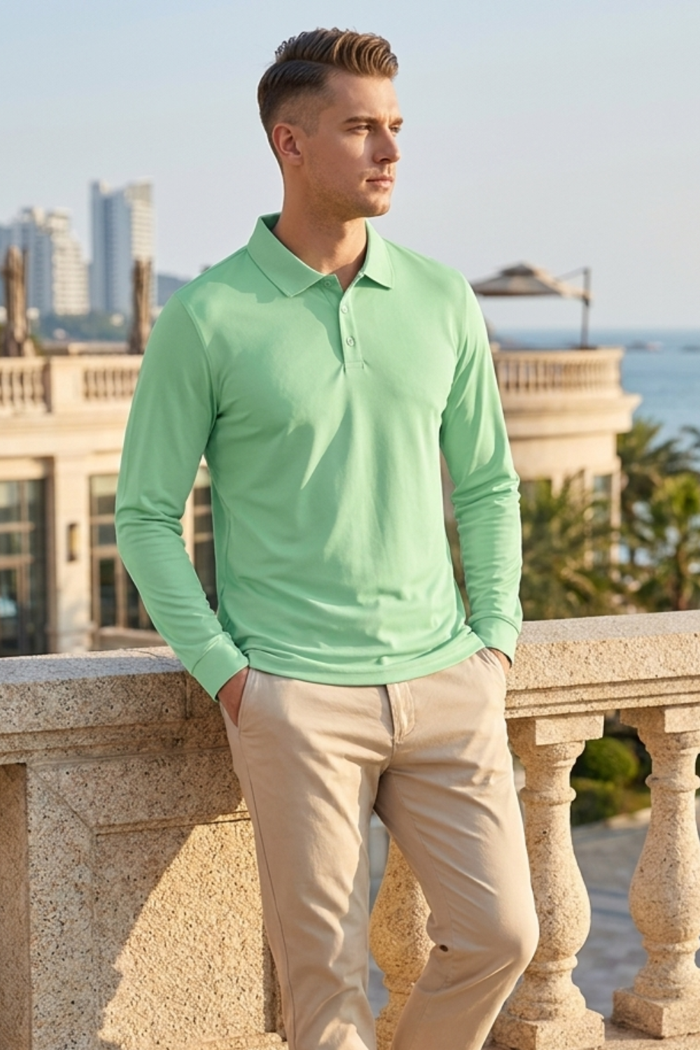 Herren Poloshirt Langarm mit Knopfleiste