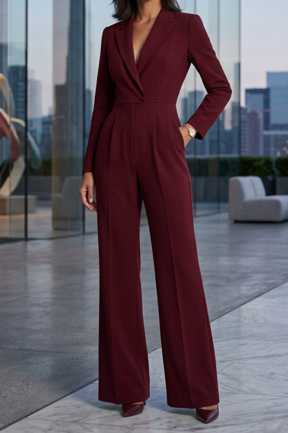 Jumpsuit Damen Elegant Bordeaux mit weitem Bein