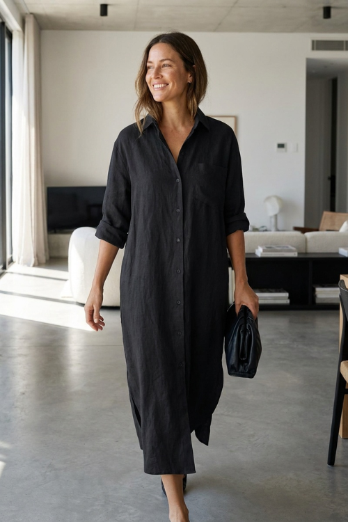 Damen Hemdblusenkleid lang mit Knopfleiste