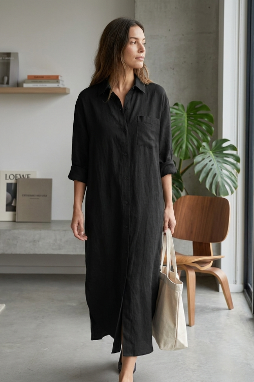 Damen Hemdblusenkleid lang mit Knopfleiste