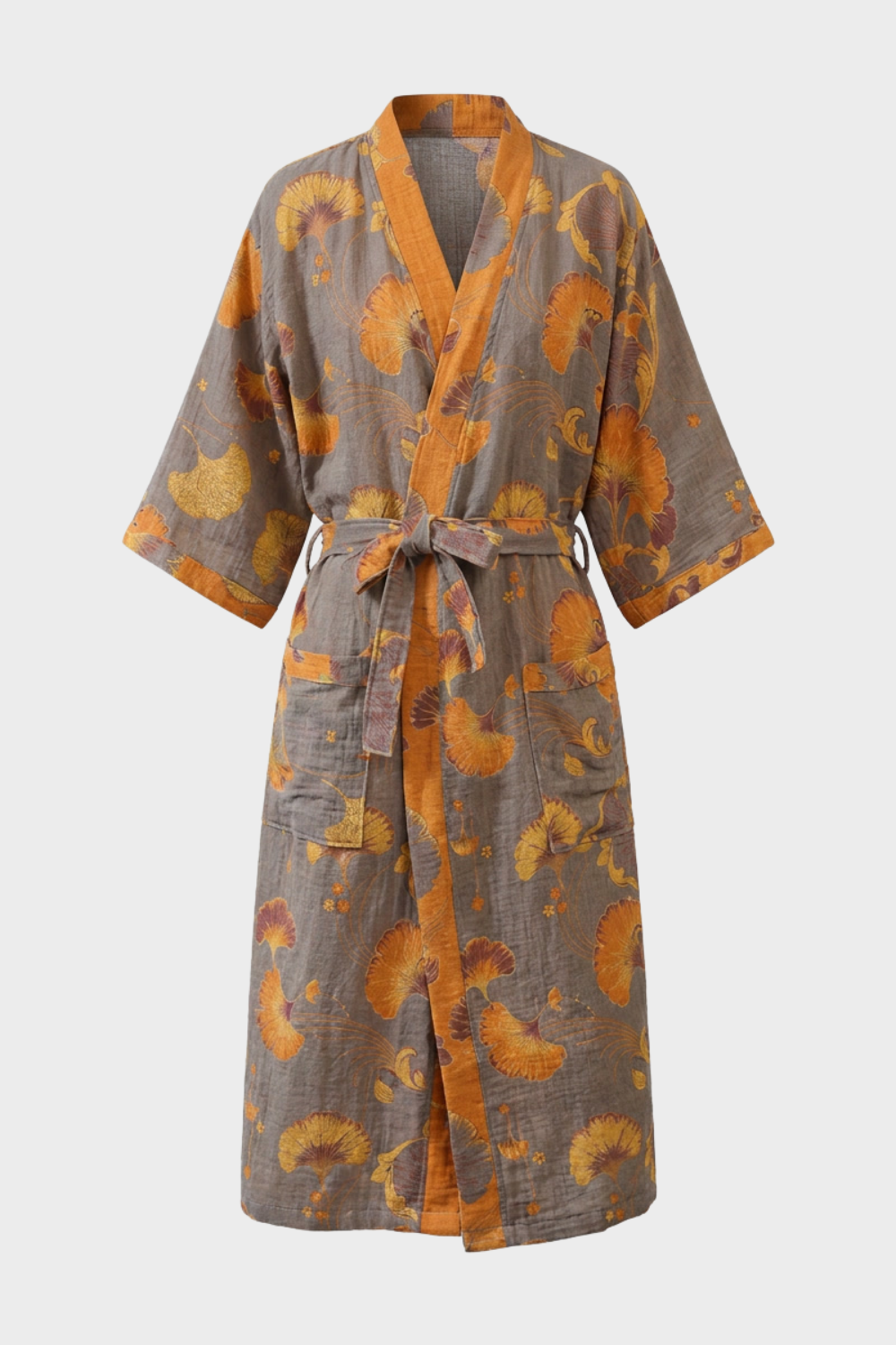 Kimono Damen Bademantel mit Gürtel und Muster knielang