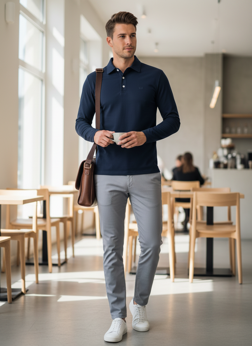 Herren Poloshirt Langarm mit Knopfleiste