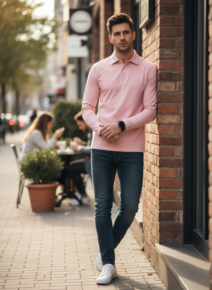 Herren Poloshirt Langarm mit Knopfleiste
