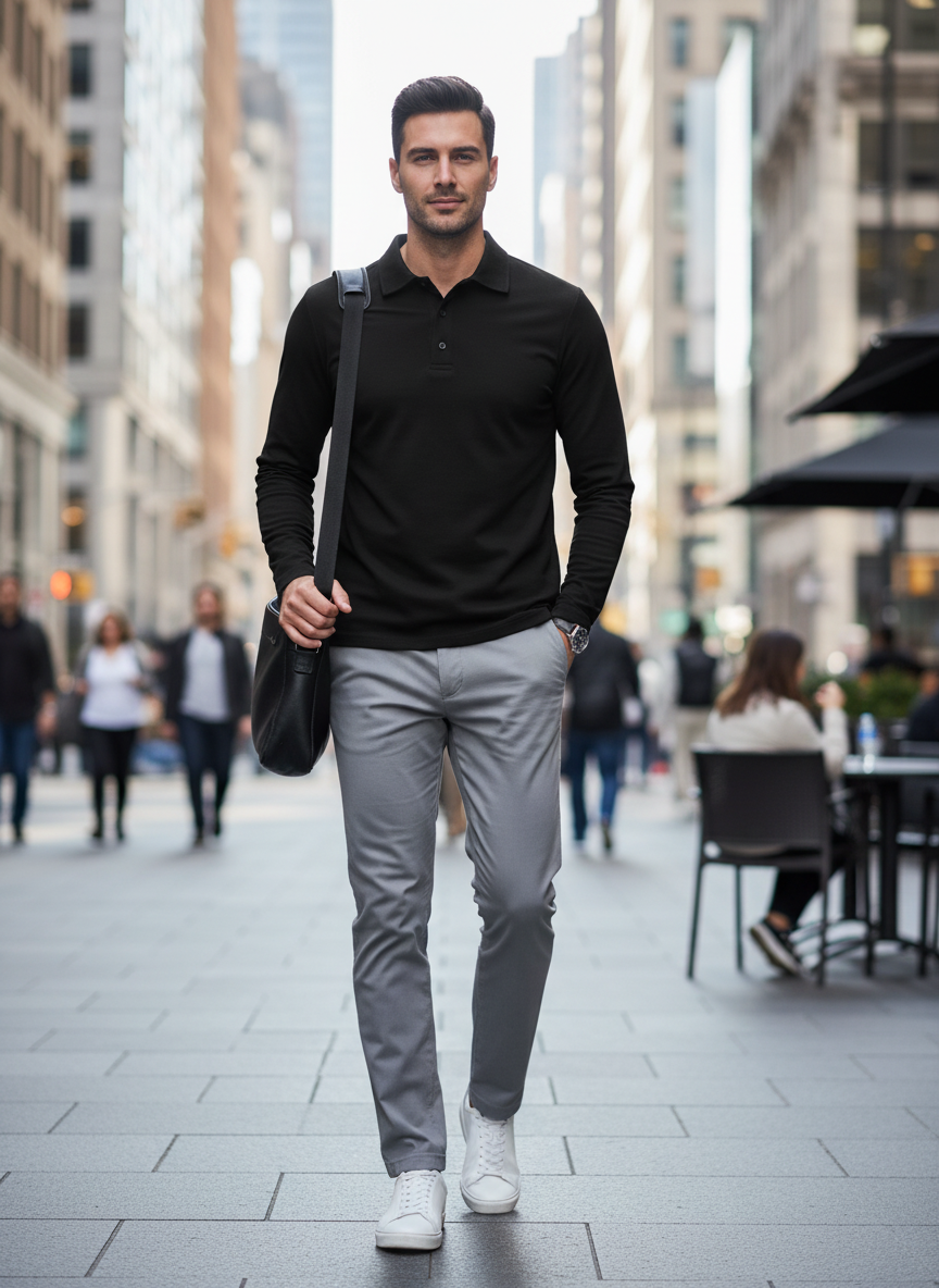 Herren Poloshirt Langarm mit Knopfleiste