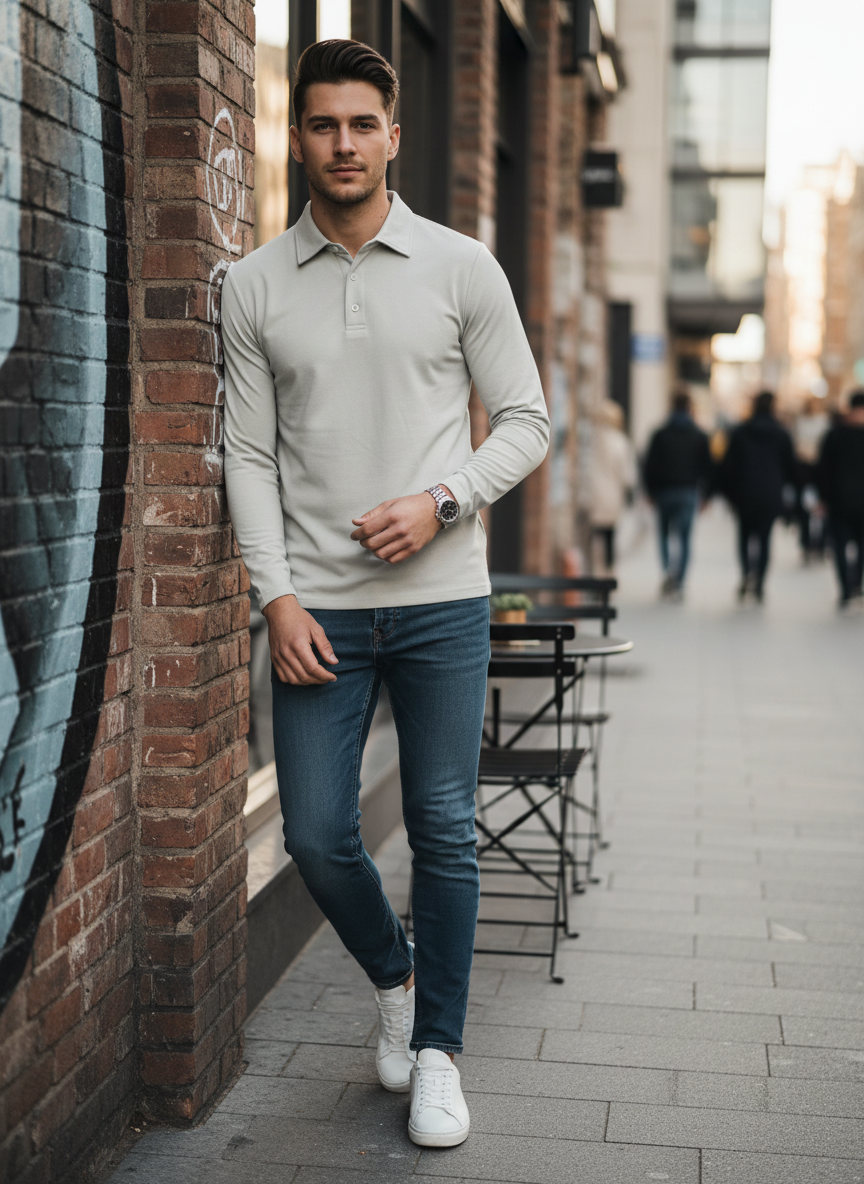 Herren Poloshirt Langarm mit Knopfleiste