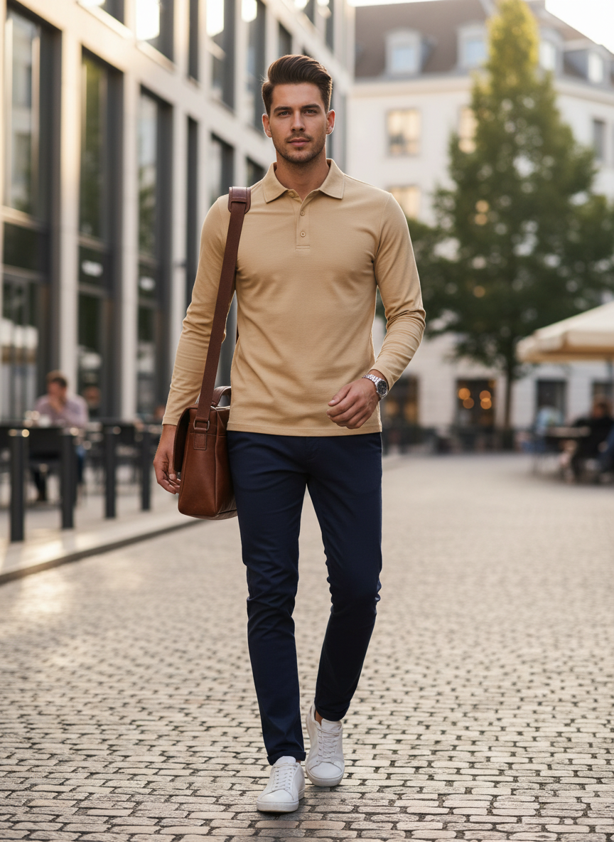 Herren Poloshirt Langarm mit Knopfleiste