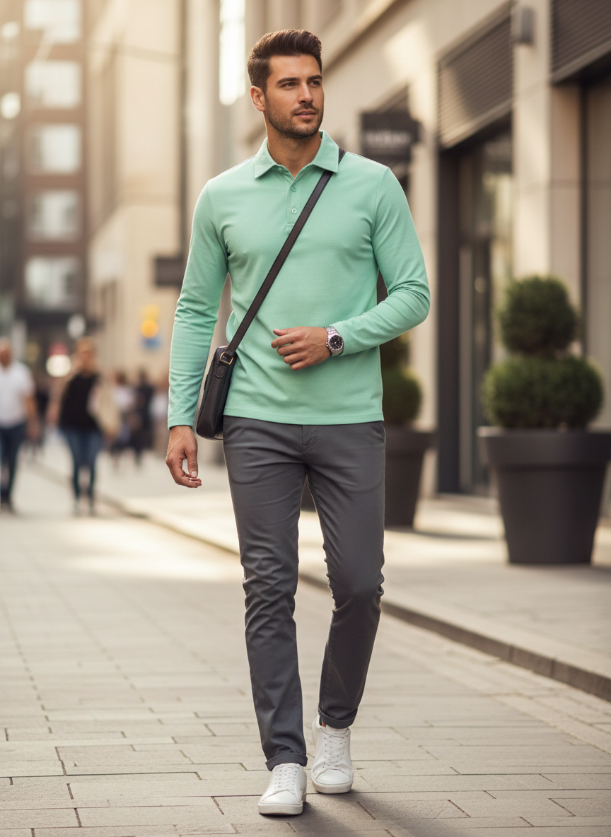 Herren Poloshirt Langarm mit Knopfleiste