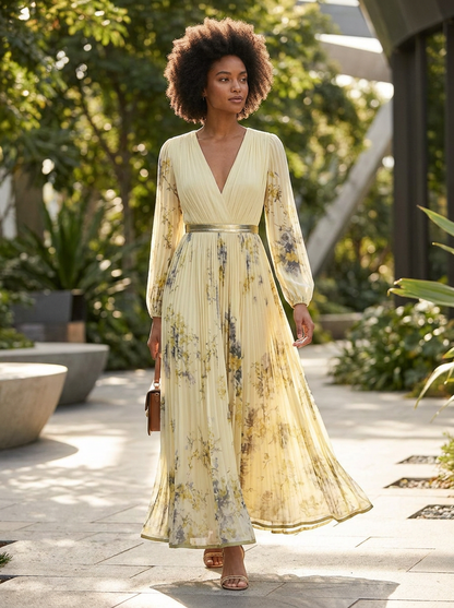 Damen Midikleid mit Plissee und V-Ausschnitt