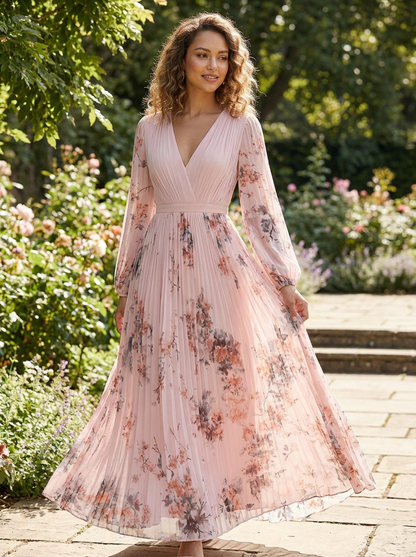 Damen Midikleid mit Plissee und V-Ausschnitt