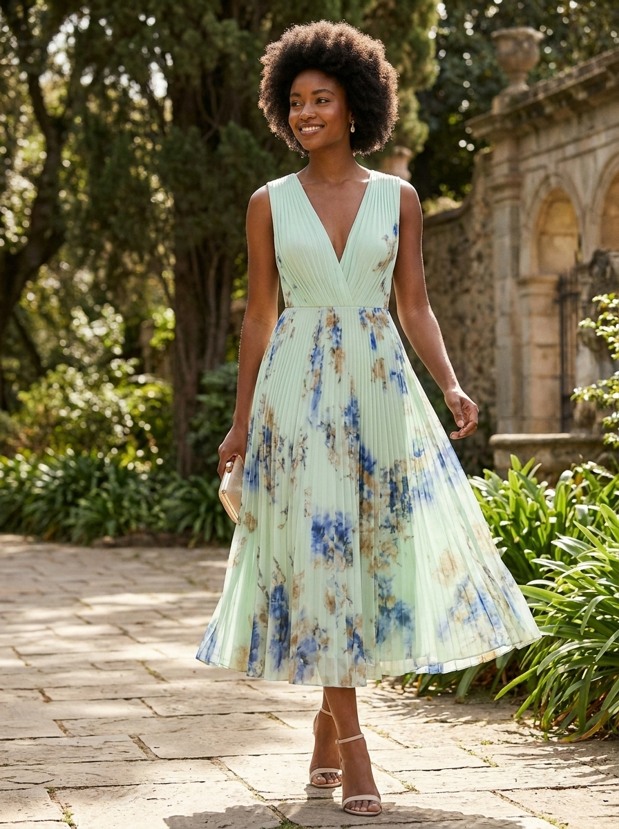 Damen Midikleid mit Plissee und V-Ausschnitt