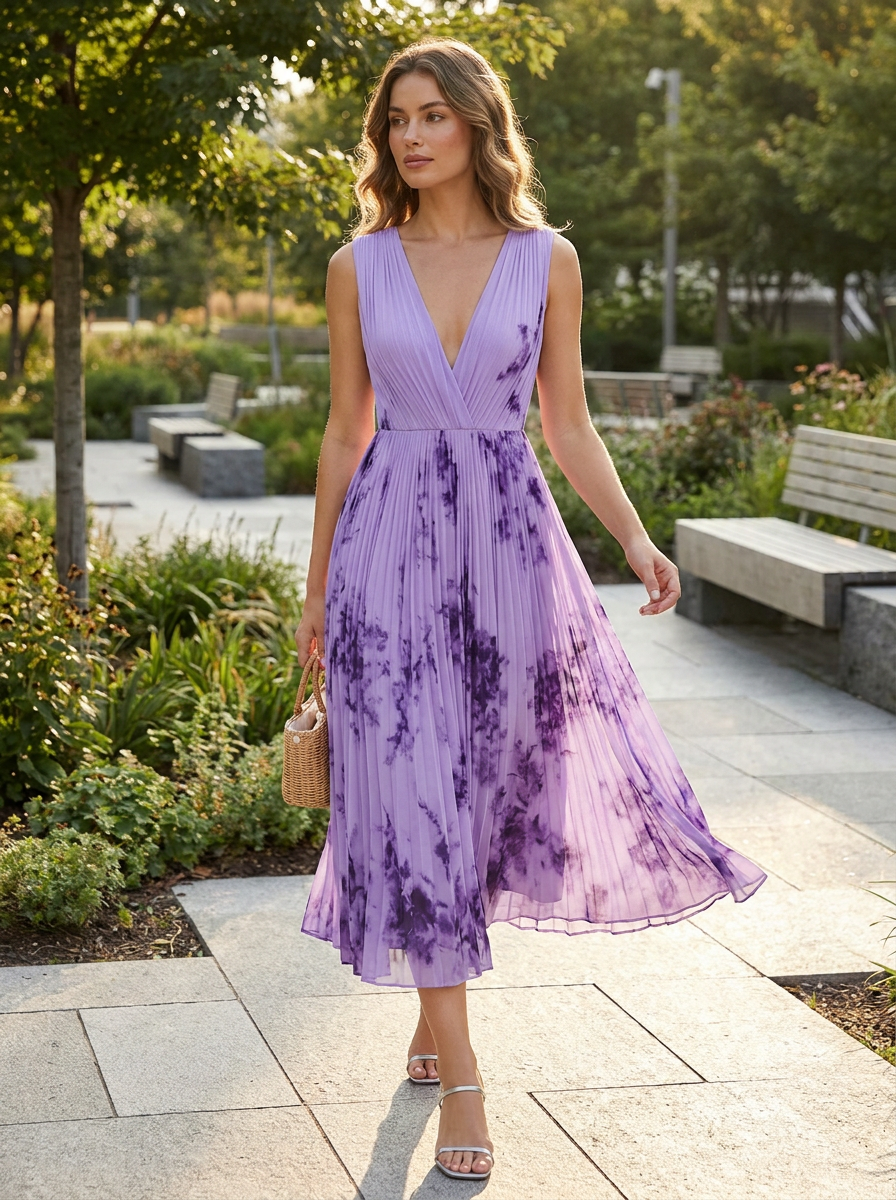 Damen Midikleid mit Plissee und V-Ausschnitt
