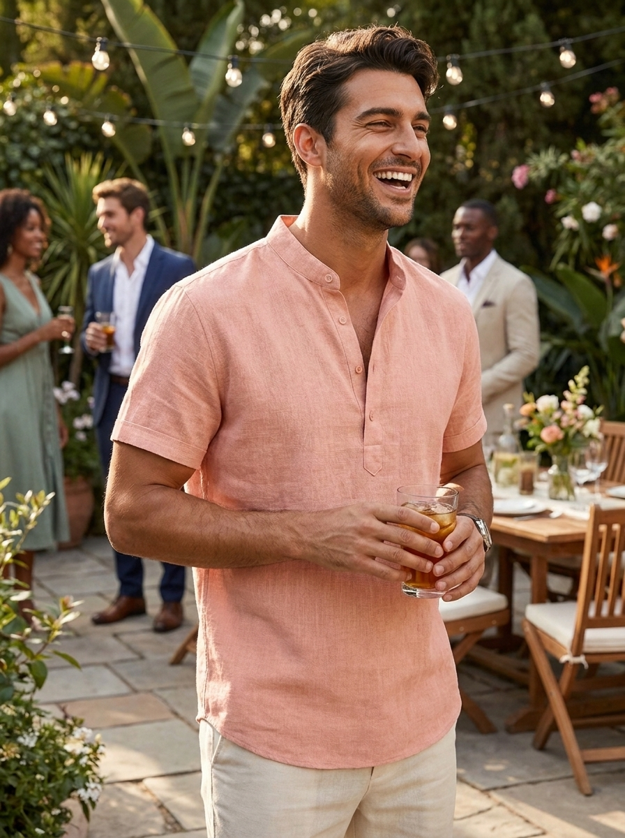 Herren Leinenhemd – Kurzarm Henley – Sicht von oben