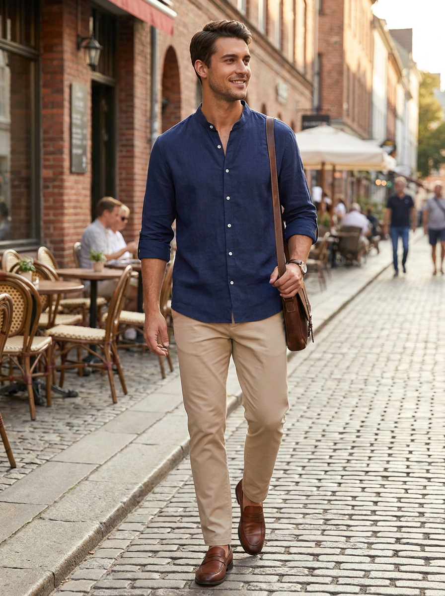 Herren Leinenhemd | Langarm Stand