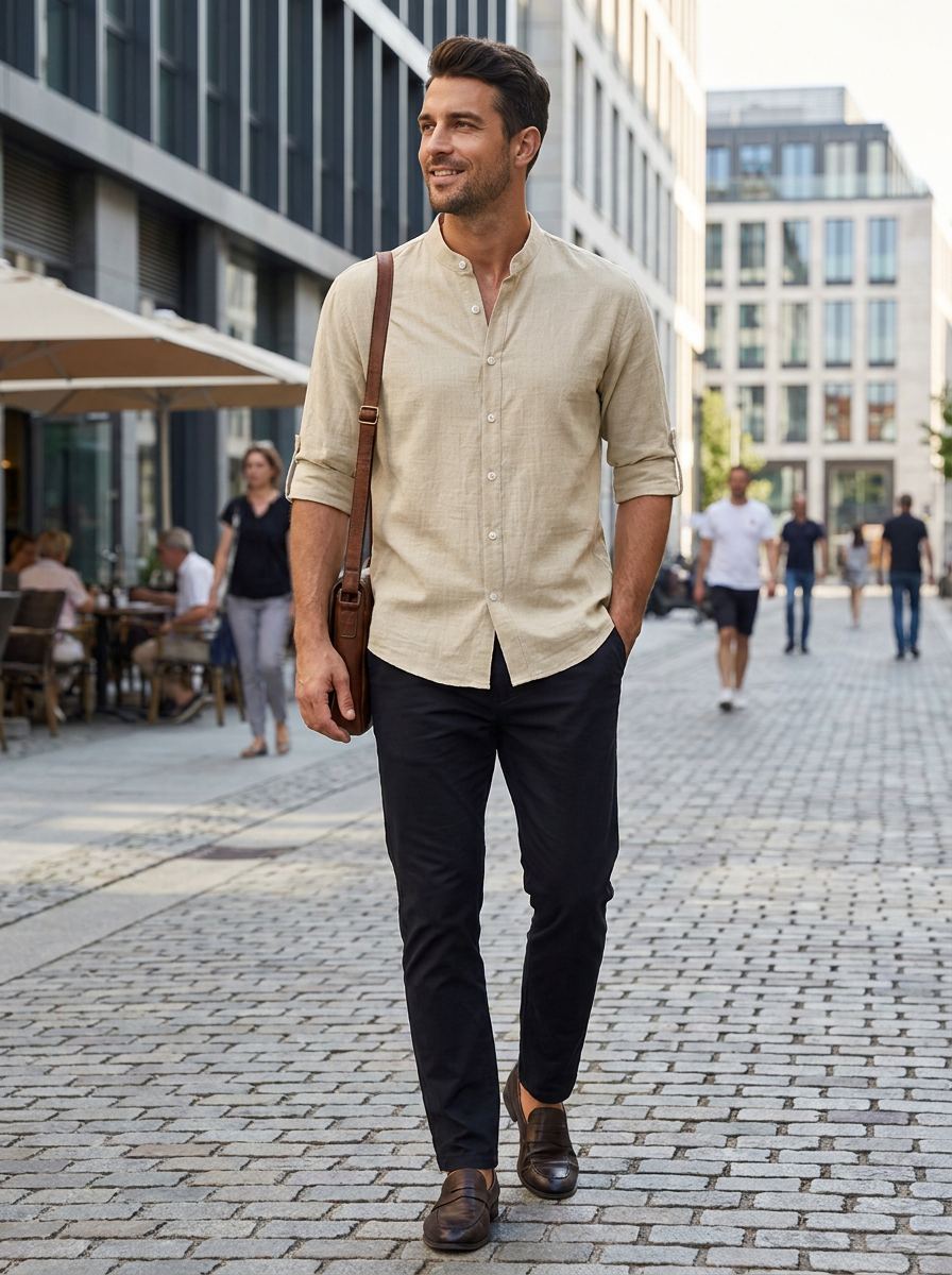 Herren Leinenhemd | Langarm Stand