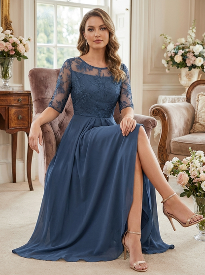 Damen Chiffon Maxikleid in Champagner mit Spitzenoberteil und 3/4-Ärmeln