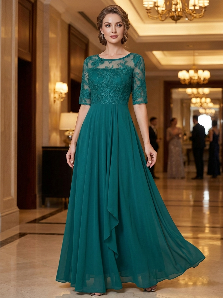 Damen Chiffon Maxikleid in Champagner mit Spitzenoberteil und 3/4-Ärmeln