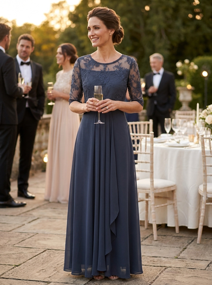 Damen Chiffon Maxikleid in Champagner mit Spitzenoberteil und 3/4-Ärmeln
