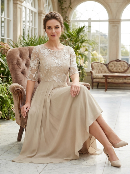Damen Chiffon Maxikleid in Champagner mit Spitzenoberteil und 3/4-Ärmeln