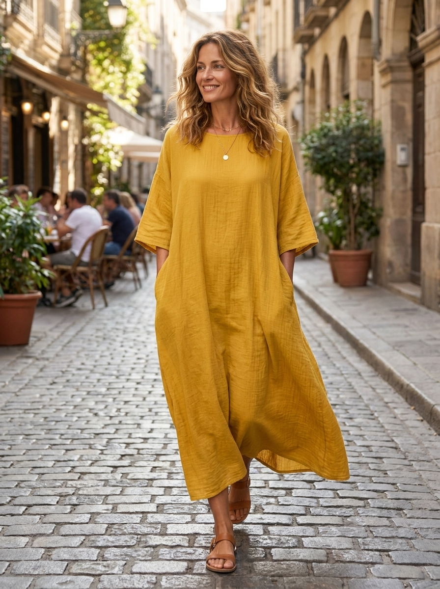 Damen Leinen Kaftankleid | Maxi