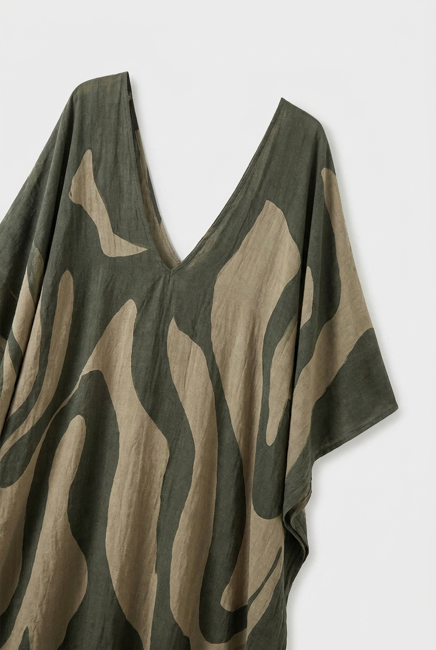 Damen Kaftankleid Maxi Print – Detail Print und V-Ausschnitt