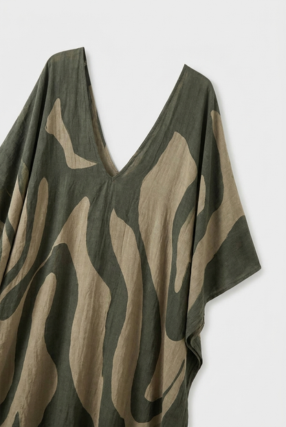 Damen Kaftankleid Maxi Print – Detail Print und V-Ausschnitt
