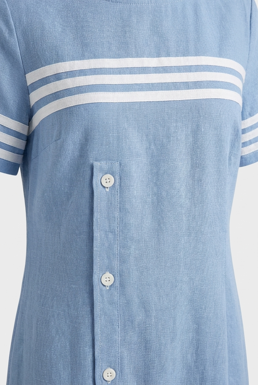 Damen Farbblock Midikleid – Detail Streifen und Knopfleiste
