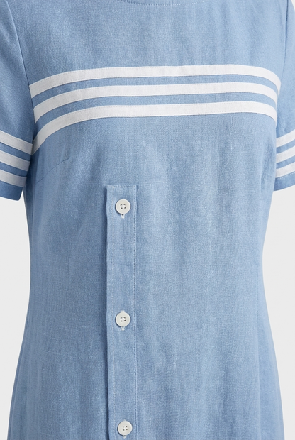 Damen Farbblock Midikleid – Detail Streifen und Knopfleiste