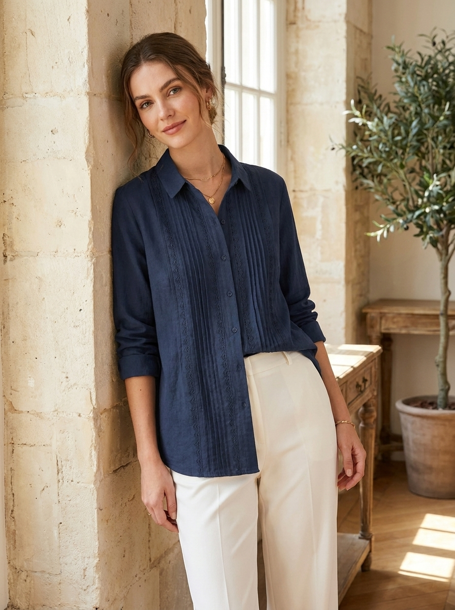 Damen Leinen Hemdbluse | Spitze