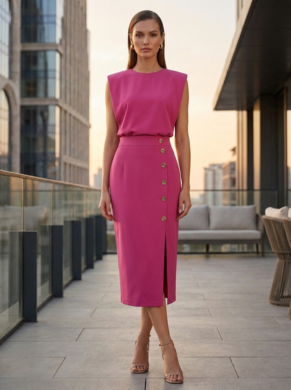 Damen Midikleid Knopf | Ärmellos