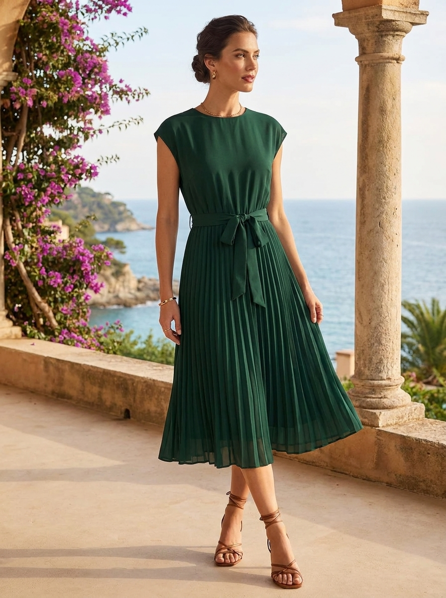 Midikleid Damen mit Plisseerock und Gürtel