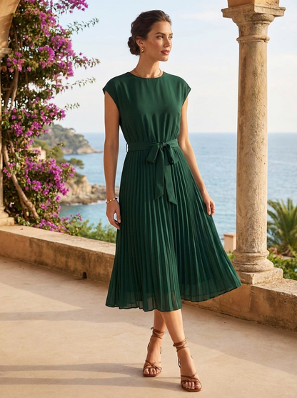 Midikleid Damen mit Plisseerock und Gürtel