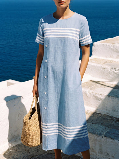 Damen Farbblock Midikleid – Lifestyle Treppe am Meer