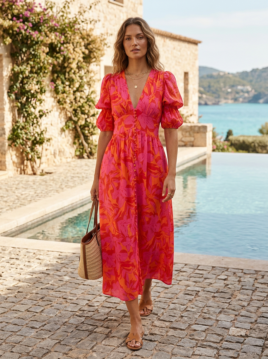 Damen Boho Maxikleid | Volantärmel