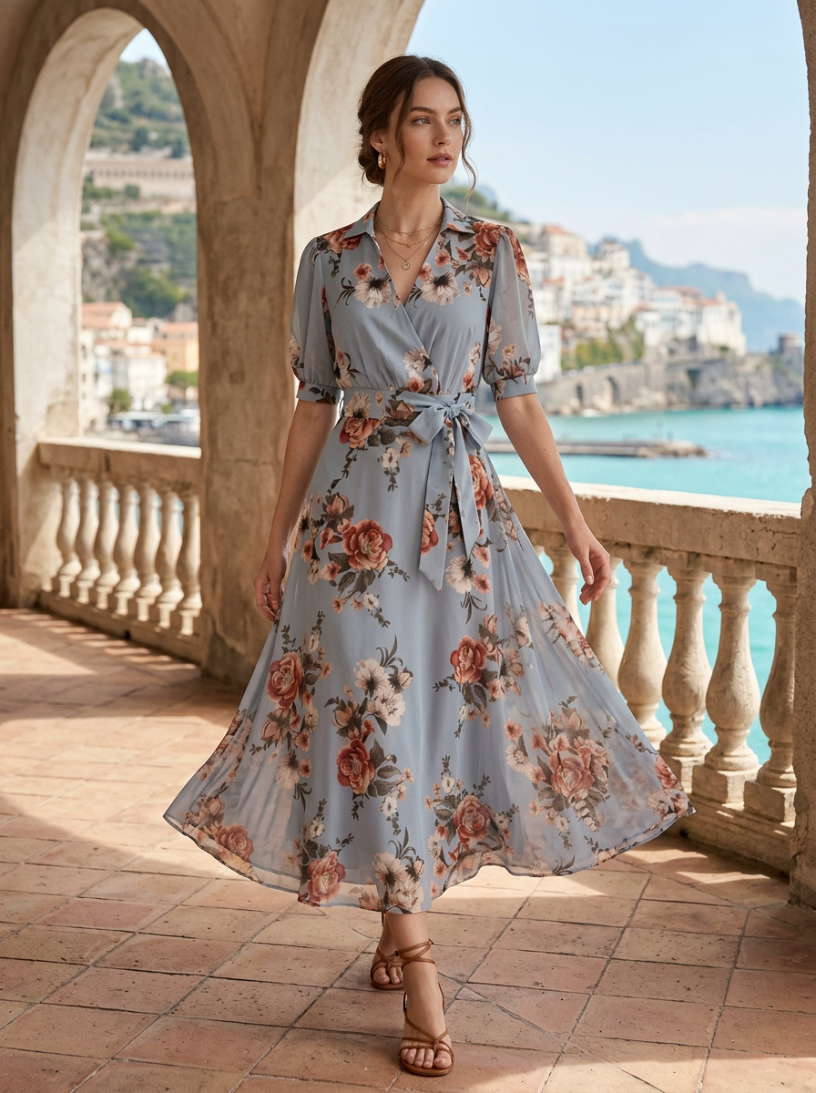 Damen Florales Maxikleid | Wickel V-Ausschnitt